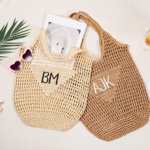 Personalized Raffia Beach Tote Bag, Hand-Woven Straw Bag, Embroidered Initials, Bridesmaid Gift image 4