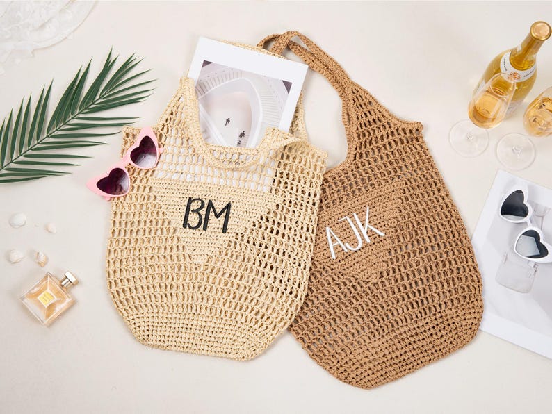 Personalized Raffia Beach Tote Bag, Hand-Woven Straw Bag, Embroidered Initials, Bridesmaid Gift image 4