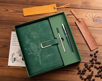 Custom Leather Journal Set, Personalized Notebook with Pen, Birth Month Flower Gift, Birthday Gift, Graduation Gifts, Thank You Teacher Gift