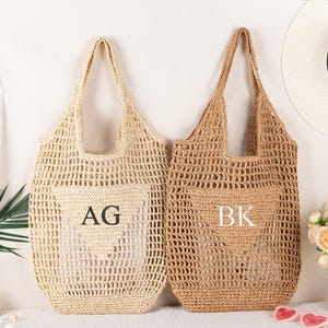 Personalized Raffia Beach Tote Bag, Hand-Woven Straw Bag, Embroidered Initials, Bridesmaid Gift image 3