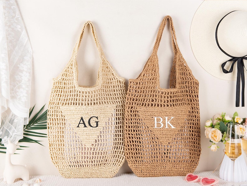 Personalized Raffia Beach Tote Bag, Hand-Woven Straw Bag, Embroidered Initials, Bridesmaid Gift image 3
