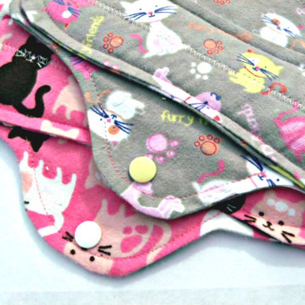 Set of Two (2) Cloth Menstrual Pads with PUL Moderate Heavy Flow Kitty Cat Pack