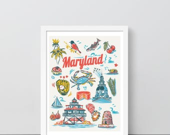 Maryland Landmarks Framed Poster 12 x 16 | Maryland Print | Maryland Wall Art | Maryland Decor