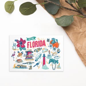 Impression de carte postale de monuments de la Floride 4 x 6" | Art mural Sunshine State | Souvenir de voyage à la plage | Décoration de carte postale rétro | Idée cadeau côtière