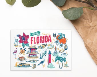 Impresión de postal de lugares emblemáticos de Florida (10 x 15 cm) / Arte mural del Estado del Sol / Recuerdo de viaje a la playa / Decoración de postal retro / Idea de regalo costero
