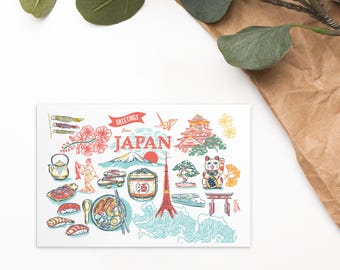 Japan Landmarks Postcard Print 4 x 6" | Tokyo Japan Art | Japanese Cityscape Souvenir | Retro Postcard Decor | Travel Gift Idea
