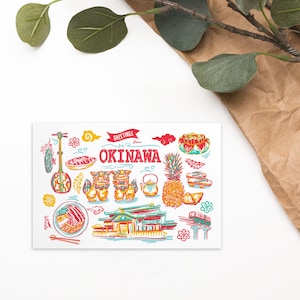 Impressão de cartão-postal com os marcos de Okinawa 4 x 6" | Arte de parede Island Life | Impressão de lembrança japonesa | Decoração de cartão-postal retrô | Presente de viagem para o Pacífico