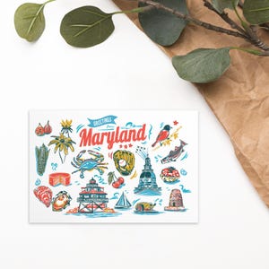 Stampa cartolina con i monumenti del Maryland 4 x 6 pollici / Arte murale del Maryland / Souvenir di viaggio dello Stato / Decorazione cartolina retrò / Regalo del Mid-Atlantic