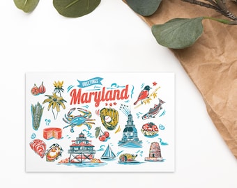 Impresión de postal de monumentos de Maryland (10 x 15 cm) / Arte mural de Maryland / Recuerdo de viaje estatal / Decoración de postal retro / Regalo del Atlántico Medio
