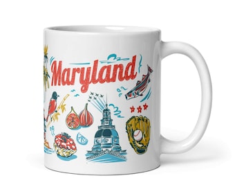 Maryland Mug, 14 oz | Maryland Coffee Cup | Maryland State Gift Idea | Souvenir Mug with Art | Coastal Decor Mug | Bay Area Keepsake