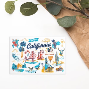 Stampa di cartoline con i monumenti della California 4 x 6 pollici / Arte murale della costa occidentale / Souvenir di viaggio panoramico / Decorazione per cartoline retrò / Regalo dello Stato d'Oro