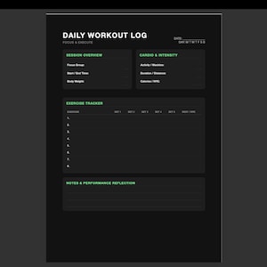 May include: A black daily workout log template with white and green text. Sections include Session Overview, Cardio & Intensity, Exercise Tracker, and Notes & Performance Reflection. The layout features fields for date, focus, time, body weight, activity, duration, distance, calories, RPE, and sets.