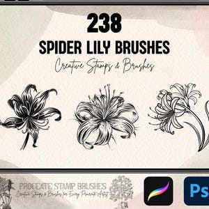 May include: Digital art graphic of three spider lily flower illustrations in black and white. The image is displayed on a tablet screen, with the text "238 SPIDER LILY BRUSHES Creative Stamps & Brushes". The bottom of the screen shows app icons.