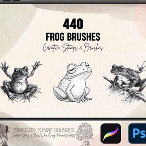 Peut inclure: Produit d'art numérique avec 440 pinceaux de grenouilles. L'image présente trois illustrations détaillées de grenouilles en noir et blanc, avec le texte "440 FROG BRUSHES Creative Stamps & Brushes". Comprend des icônes Procreate et Photoshop.
