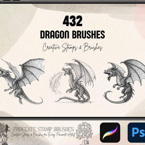 May include: 432 Dragon Brushes: Creative Stamps & Brushes for Procreate. Three black and white illustrations of dragons with wings and tails. The dragons are in different poses, one is breathing fire.