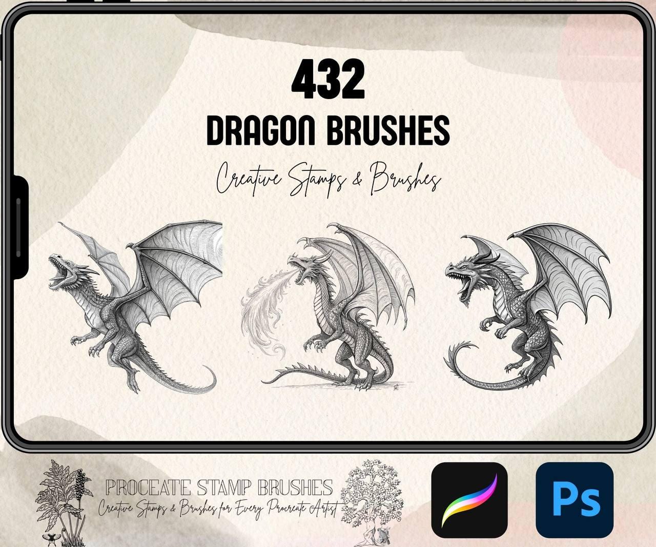 Procreate & Photoshop 用 432 ドラゴンブラシ – タトゥー、ラインアート、トライバル、東洋&西洋ドラゴンスタンプ