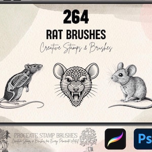 Puede incluir: Producto de arte digital mostrado en una pantalla de tableta. La imagen presenta tres ilustraciones de ratas: una rata esquelética, una cabeza de rata feroz y una rata realista. El texto dice "264 RAT BRUSHES Creative Stamps & Brushes". Incluye iconos de Procreate y Photoshop.