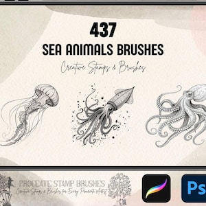 May include: A digital illustration of 437 sea animal brushes for Procreate. The image shows a jellyfish, squid, and octopus in black and white.