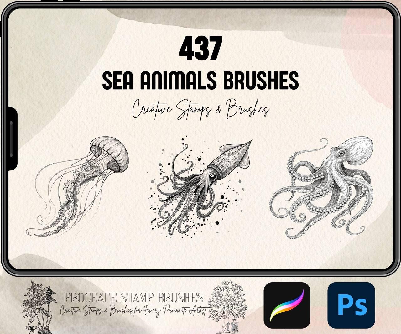 437 Sea Animal Brushes for Procreate & Photoshop – Marine Life Tattoo, Ocean Creatures, Line Art, Tribal & Cute Stamps