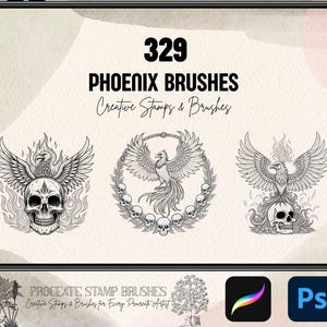 Peut inclure: Ensemble de pinceaux numériques pour Procreate, avec 329 motifs de phénix. L'image présente des illustrations détaillées en noir et blanc de phénix, de crânes et de flammes, pour des tampons et pinceaux créatifs.