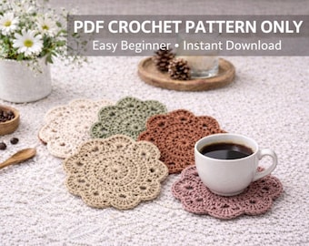 Patrón fácil de posavasos de flores de crochet / Posavasos tipo tapete para taza / PDF para principiantes