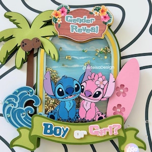May include: A gender reveal decoration featuring the characters Stitch and Angel. The design includes a palm tree, a wave, a pink surfboard, and the text "Boy or Girl?" and "Gender Reveal". The background shows a beach scene.