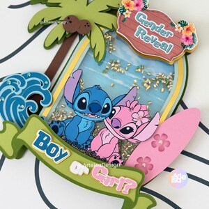 May include: A colorful gender reveal decoration featuring the characters Stitch and Angel. The design includes a palm tree, a wave, a surfboard, and a banner that reads "Boy or Girl?" and "Gender Reveal."