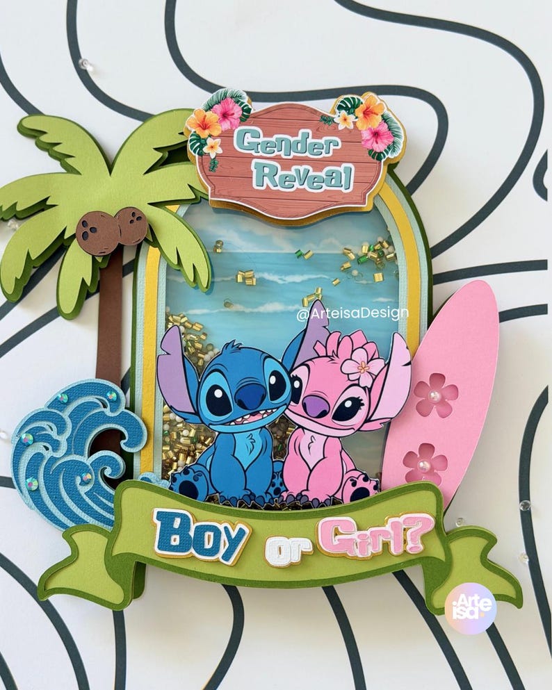 May include: A gender reveal decoration featuring the characters Stitch and Angel. The design includes a palm tree, a wave, a pink surfboard, and the text "Boy or Girl?" and "Gender Reveal". The background shows a beach scene.