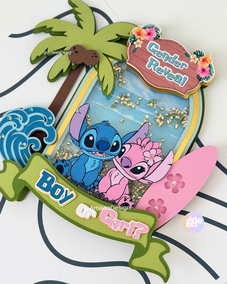 May include: A colorful gender reveal decoration featuring the characters Stitch and Angel. The design includes a palm tree, a wave, a surfboard, and a banner that reads "Boy or Girl?" and "Gender Reveal."