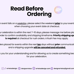 May include: A light purple graphic with the text "Read Before Ordering" in bold black letters. The text provides instructions for event date selection and shipping upgrades. The Arte Isa logo is in the upper right corner.