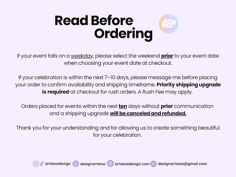 May include: A light purple graphic with the text "Read Before Ordering" in bold black letters. The text provides instructions for event date selection and shipping upgrades. The Arte Isa logo is in the upper right corner.