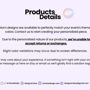 May include: A light purple background with the words "Products Details" in black. The text states that custom designs are available and that returns or exchanges are not accepted. The Arte Isa logo is in the upper right corner.