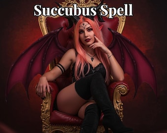 Puede incluir: Una mujer con cabello rosado y cuernos de diablo se sienta en un trono rojo con alas negras. El texto "Succubus Spell" está sobre su cabeza.