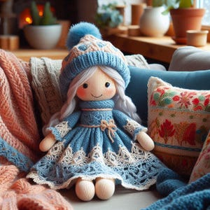 Può includere: Una bambola di lana con lunghi capelli bianchi che indossa un vestito blu con un bordo di pizzo bianco e un cappello blu di lana con un pon pon bianco.