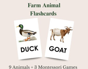 Montessori Farm Animal Flashcards, Toddler Learning Games (Digital Download)