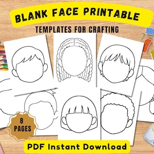 May include: A set of eight printable templates featuring black and white line drawings of blank faces with various hairstyles. The collection includes text that reads BLANK FACE PRINTABLE, TEMPLATES FOR CRAFTING, 8 PAGES, and PDF Instant Download.