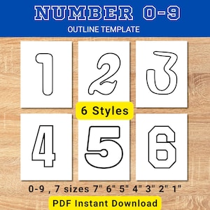 Könnte beinhalten: Eine digitale Vorlage mit den Zahlen 1 bis 6 in verschiedenen Umrissstilen auf weißem Hintergrund. Der Text lautet NUMBER 0-9 OUTLINE TEMPLATE, 6 Styles, und 0-9, 7 sizes 18 cm 15 cm 13 cm 10 cm 8 cm 5 cm 3 cm PDF Instant Download.