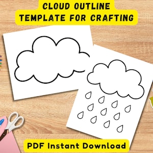 Puede incluir: Dos plantillas de papel blanco con contornos de nubes negras, una con gotas de lluvia. El texto "CLOUD OUTLINE TEMPLATE FOR CRAFTING" y "PDF Instant Download" están en amarillo y negro. Lápices de colores, tijeras, pegamento y trozos de papel sobre madera.