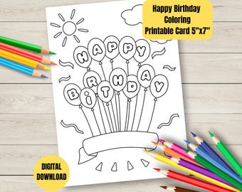 Biglietto di compleanno da colorare: disegno di palloncini stampabile (download digitale)