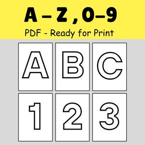 Puede incluir: Gráfico que muestra las letras A, B y C, y los números 1, 2 y 3, cada uno en una fuente blanca delineada sobre un fondo blanco. La imagen también incluye el texto "A-Z, 0-9" y "PDF - Ready for Print" en fuente negra sobre un fondo amarillo.