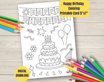 Happy Birthday Coloring Card | Kids & Adults Activity (Instant Download, PDF File)