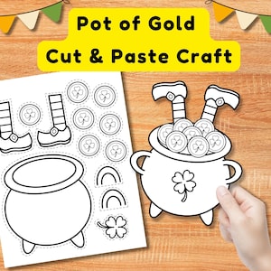 Peut inclure: Un bricolage à découper et à coller en noir et blanc représentant un pot d'or, des pièces de monnaie, un trèfle à quatre feuilles et des bottes de lutin. Le texte "Pot of Gold Cut & Paste Craft" est affiché en jaune.