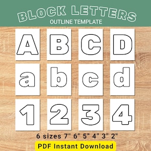 May include: A digital template titled BLOCK LETTERS OUTLINE TEMPLATE featuring white rectangular cards with black outlined uppercase letters A, B, C, D, lowercase a, b, c, d, and numbers 1, 2, 3, 4. Text at the bottom lists 6 sizes 7", 6", 5", 4", 3", 2".