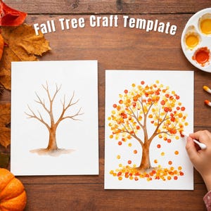May include: A Fall Tree Craft Template featuring two white sheets of paper with a brown watercolor tree illustration. One sheet shows a bare tree, while the other shows a tree with red, orange, and yellow paint dots applied with cotton swabs.