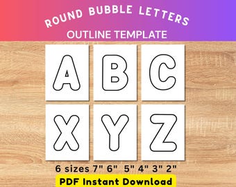 Modèle de contour de l'alphabet à bulles rondes PDF imprimable | Lettres majuscules de A à Z | 6 tailles 2 à 7 pouces | Grands pochoirs à lettres pour travaux manuels