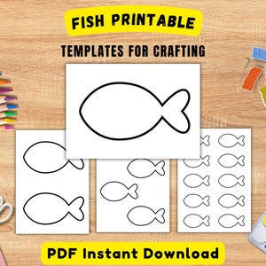 Peut inclure: Modèles de poissons à imprimer pour le bricolage avec des contours noirs de formes de poissons sur papier blanc. L'ensemble comprend différentes tailles de silhouettes de poissons. Le texte indique FISH PRINTABLE TEMPLATES FOR CRAFTING et PDF Instant Download.