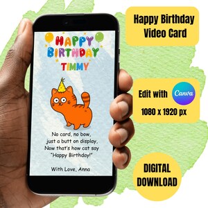 Carte animée de joyeux anniversaire, carte postale de voeux de chat drôle, carte postale d'anniversaire de chat mignon, carte virtuelle HBD modifiable, carte électronique pour amoureux des chats, cadeau pour amoureux des chats