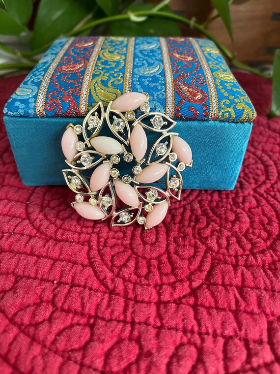 Vintage Bogoff Brooch with Pink Caps and Clear Rh… - image 1