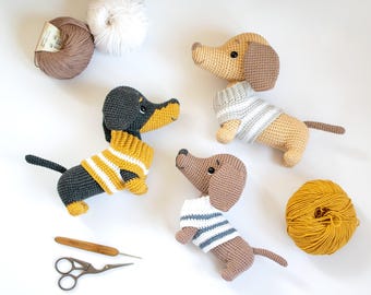 PATTERN The Dachshund Yumi. PDF amigurumi crochet Dachshund Dog pattern in sweater