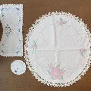 VINTAGE Set of 3 DOILIES, Various Sizes, EMBROIDERED And Other, See Pictures
